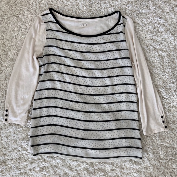 Loft stripe and polka dot sheer mixed media overlay knit top - Picture 1 of 9